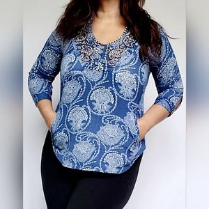 Lucky Brand Women's Boho Blouse Cotton/Rayon Beaded Blue/White Small